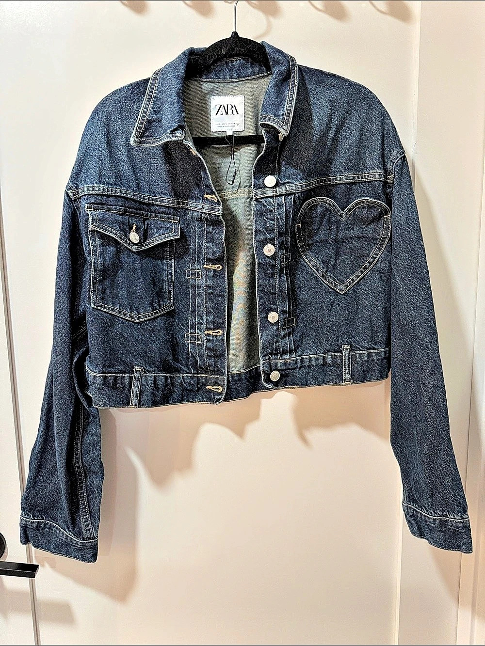 Zara Cropped Heart Denim Jacket Blue Size Large